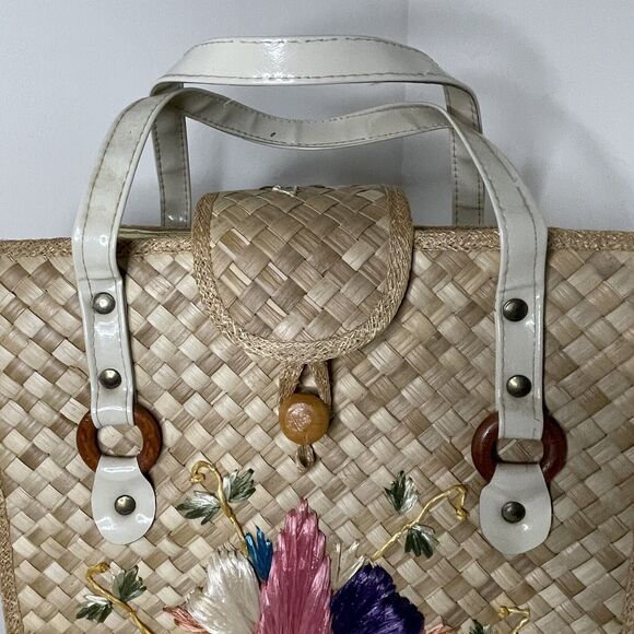 Vintage Handmade in Philippines Woven Straw Bag Pink Yellow Purple Flowers - Picture 6 of 12